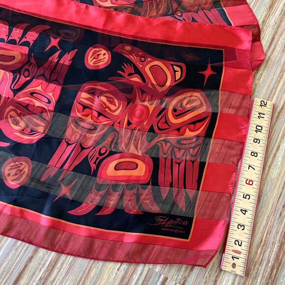 Bill Helin Haida Raven Silk Satin Long Scarf Red/Black Vintage Y2K Magenta 60" - Picture 4 of 9